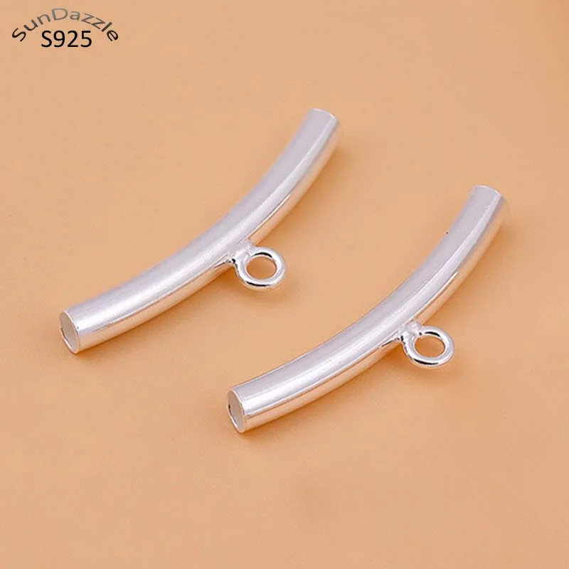 Real Pure Solid 925 Sterling Silver Curved Tube With Ring Silver Long Beads Connector Bracelet  Jewelry Making Findings