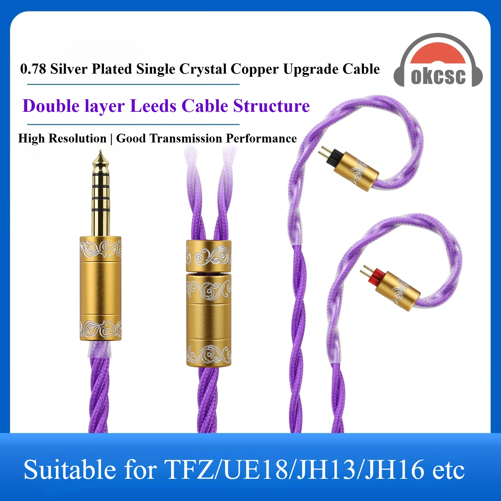 

OKCSC AL65P4 Earphones Cable for Astell&Kern/BQEYZ/FIIO/Flipears/iBasso AudioSilver Plated Single Crystal Copper Upgrade Cable