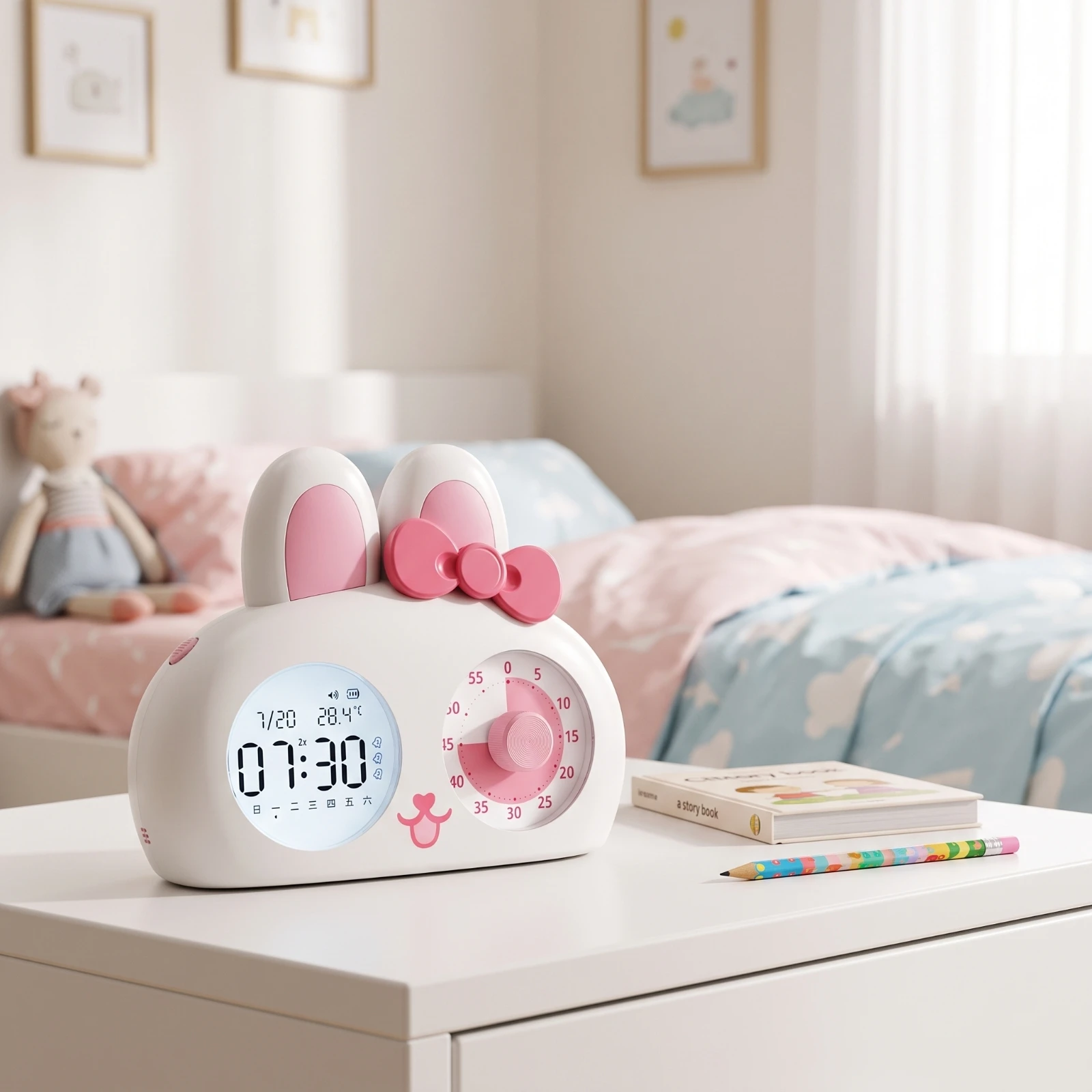 Children's Clock with Countdown Timer Child-Friendly Bunny Alarm Clock Cute Multifunctional for Children, Nightstand, Bedroom