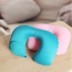 New Fashion Air Filled TPU U shape foldable flocked Auto Press Pump inflatable travel neck pillow