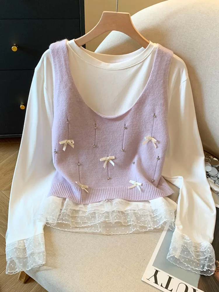 

Long Sve Lace Patchwork Knitted T-irt Women's Self-Kee Sle Heavy Embellied Two-Piece Set Top Korean Loose Fit