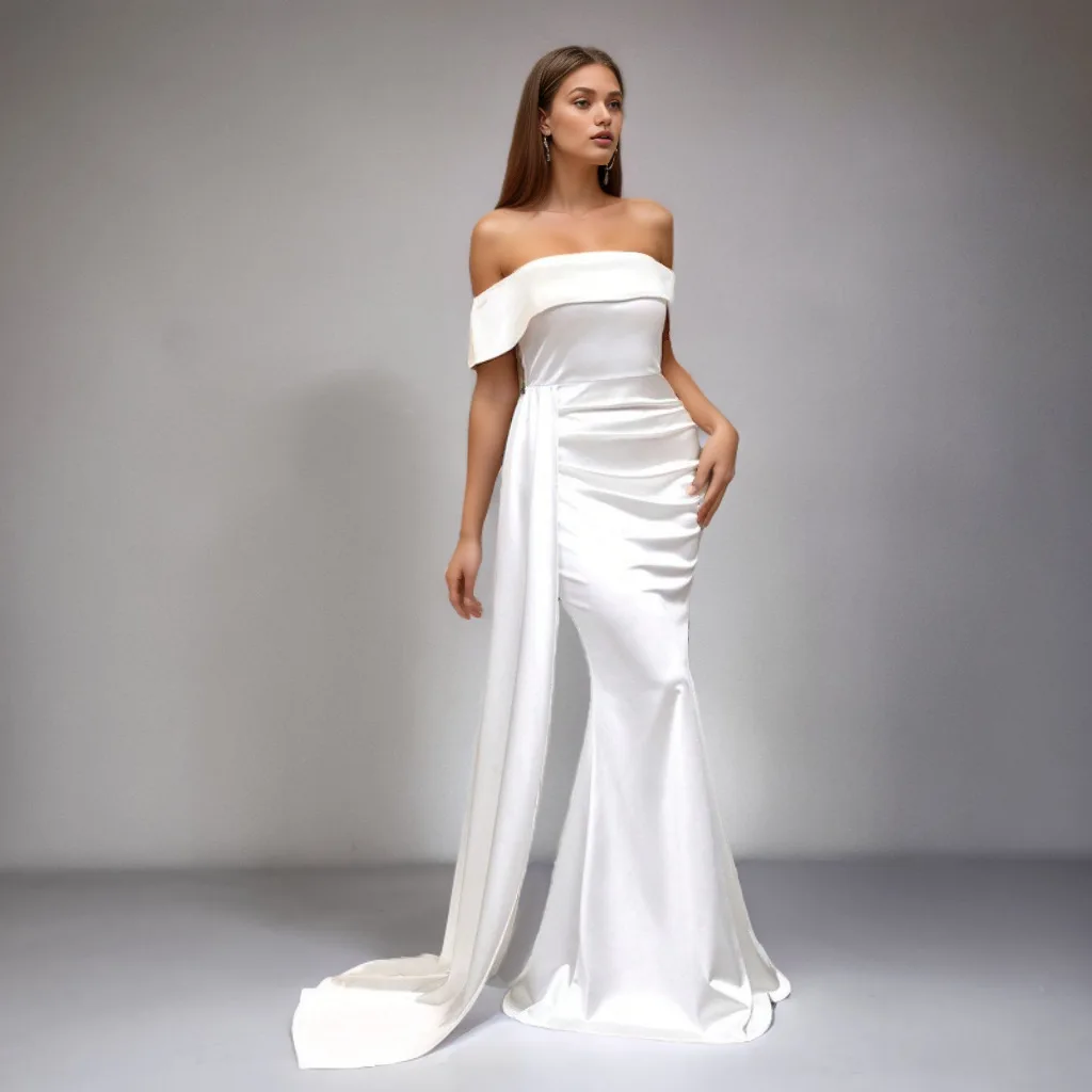 Sexy Off Shoulder Mermaid Long Formal Evening Dress With Long Streamer