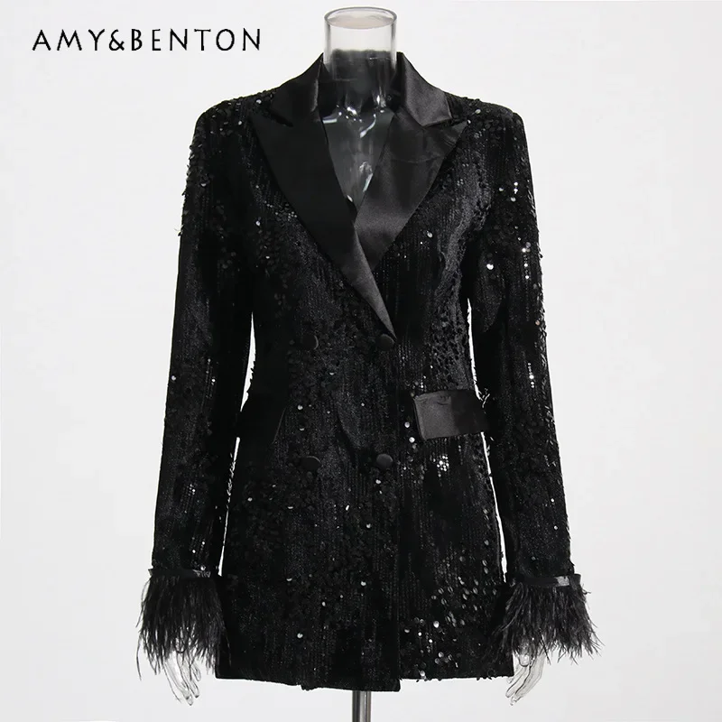 

Temperament High-end Sequined Top Jacket 2024 Autumn New Fashion Versatile Slim Cuff Splicing Suit Women's Black Cool Blazers