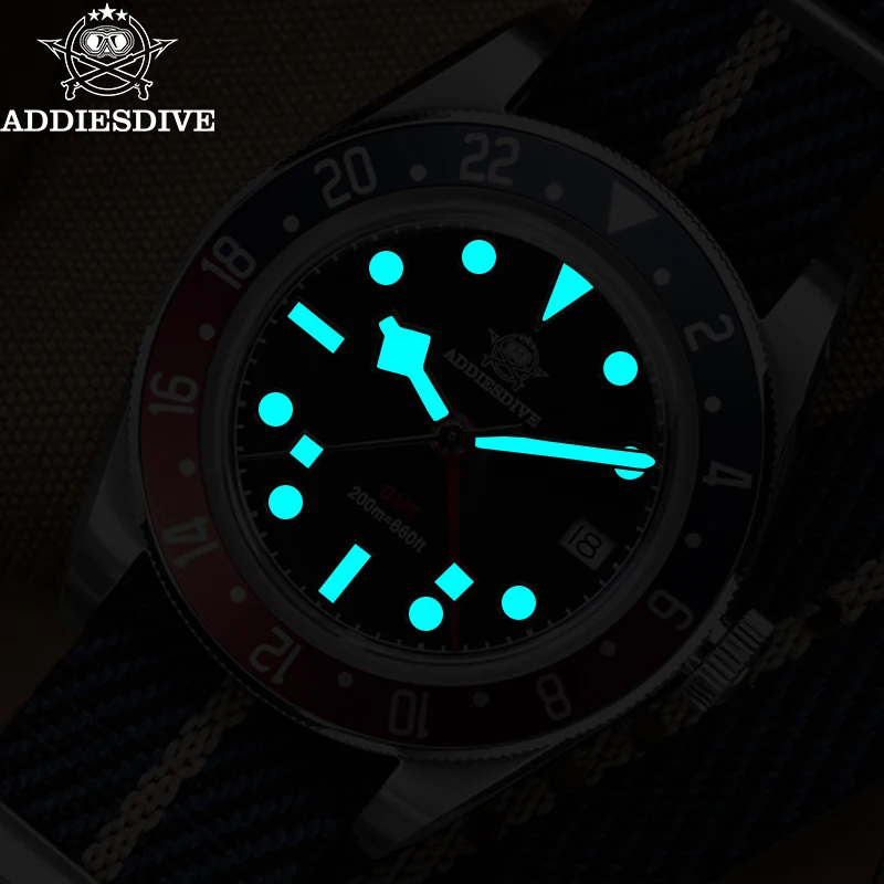 ADDIESDIVE 39mm AD2044 GMT Man Watches Super Luminous 200m Dive Watch Bubble Mirror Glass relogios masculino Fashion WristWatch