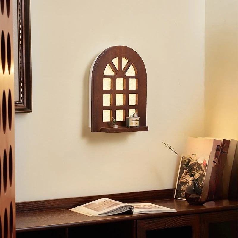 Arched window wall lamp, walnut color, shelvable aisle lamp, solid wood bedroom bedside