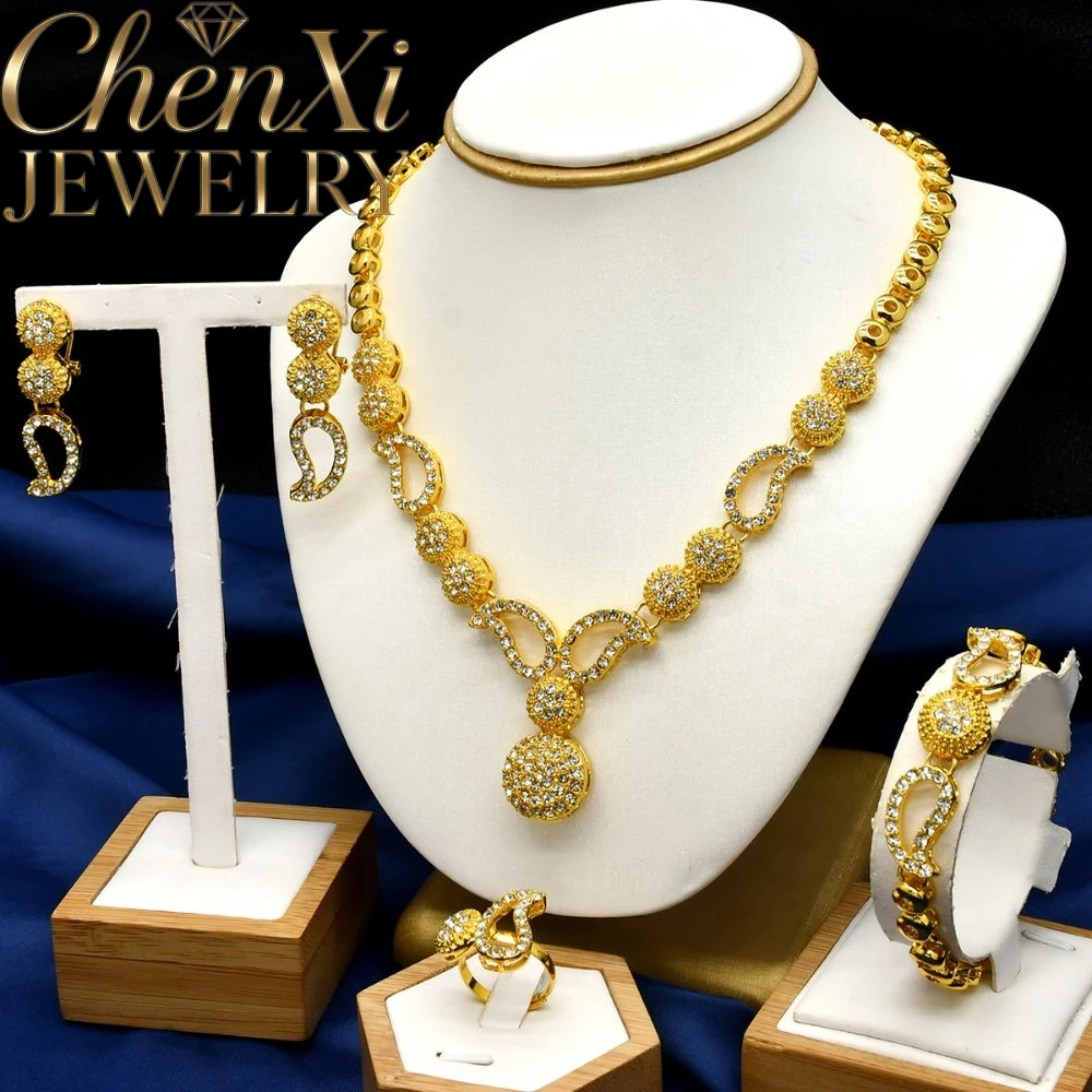 

High-End Luxury Elegant Alluvial Gold Fashion Popular Jewelry Set Women Wedding Party Banquet Necklace Earrings Ring 4pcs Gift