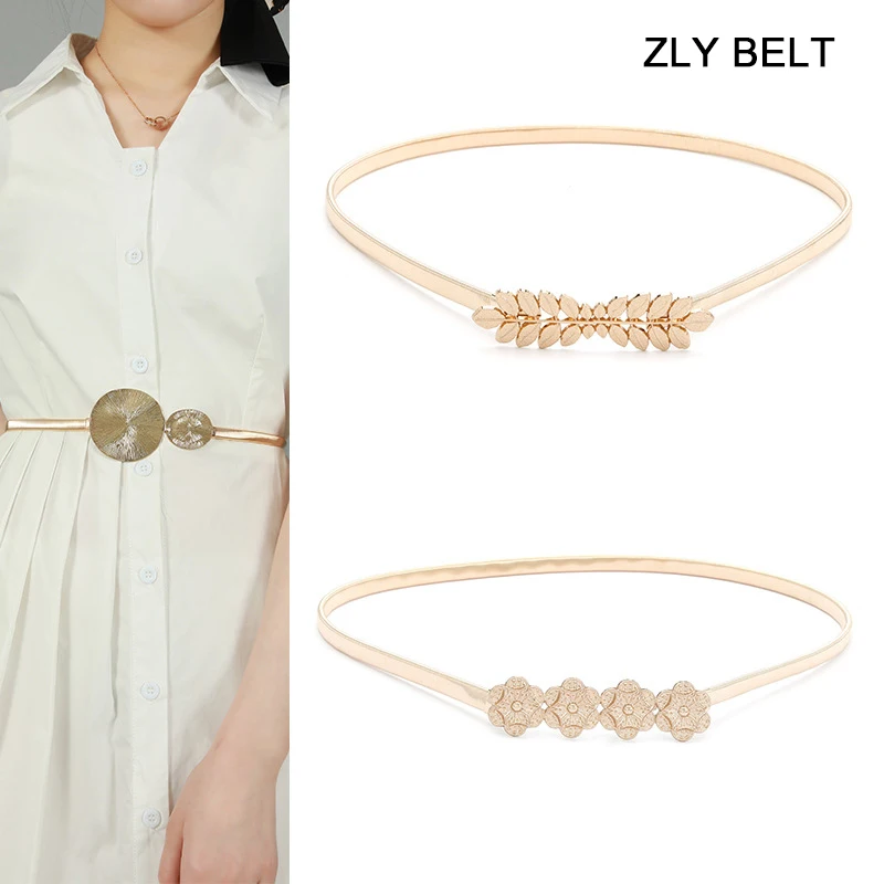 

ZLY 2022 New Fashion Belt Waistband Women Luxury Gold Leaf Elastic Decorative Dress Summer Waist Girdle Versatile Flower Belt