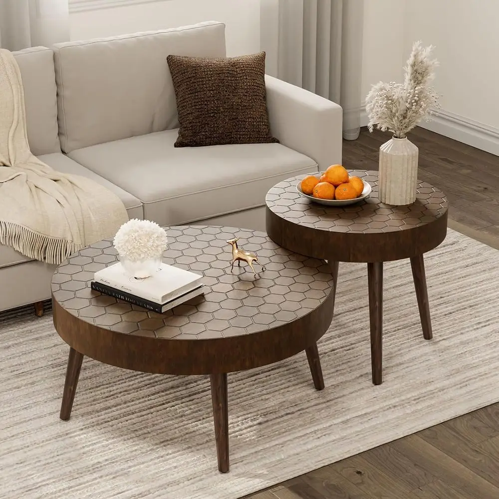 Round Coee Table Set o 2, Nesting Tables with eycomb , ern End Table or Living Room, armhouse, Brown