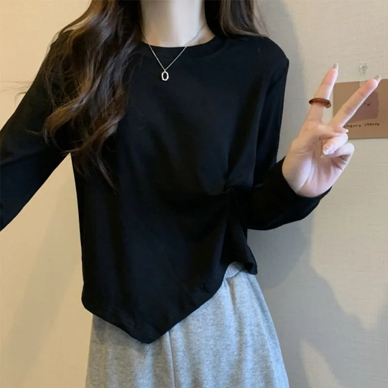 Solid Cotton Long Sleeve Tee Side Twist Irregular Hem Slim Inner Top For Women Autumn Winter