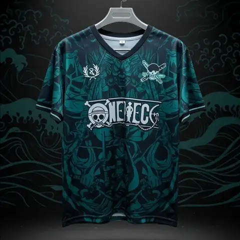 One Piece Roronoa Zoro Japanese Ukiyo-e Print Soccer Jersey,Dark Green V-Neck Anime Fan Tee,Quick Dry Top For Men Women Children