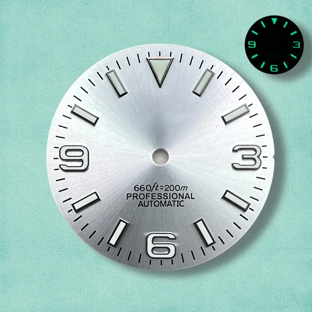 28.5mm S Logo Ex plorer Sunray Dial Fit NH35/NH36/4R/7S Movement Green Luminous Watch Modification Accessories 3/3.8/4O'clock