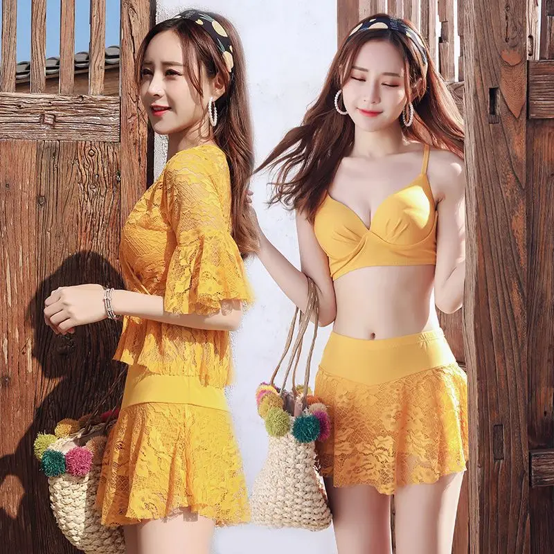 

Enchanting Bikini Flowerprint Lace Ruffled Bikini Waistline Slimming Control Swimsuit Fullcoverage Short Skirted Swimwear