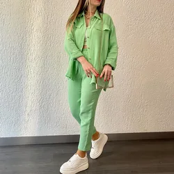 summer outfits for women 2024 New Loose Button Long Sleeve Shirt and Cropped Pants Casual Sports Summer women's suit Pants Set