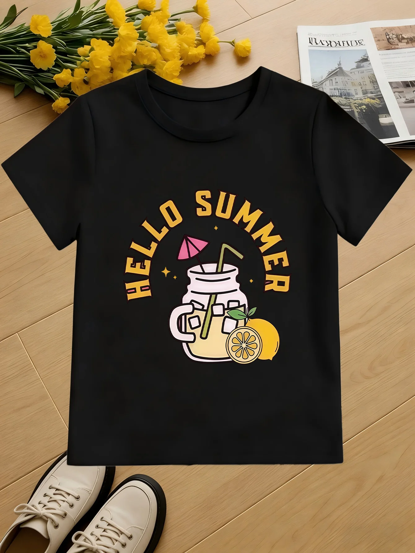 Hello Summer Lemon Print Kids Cotton T Shirt Boys Girls Family Matching Summer Casual Soft Breathable Daily Short Sleeve Tees