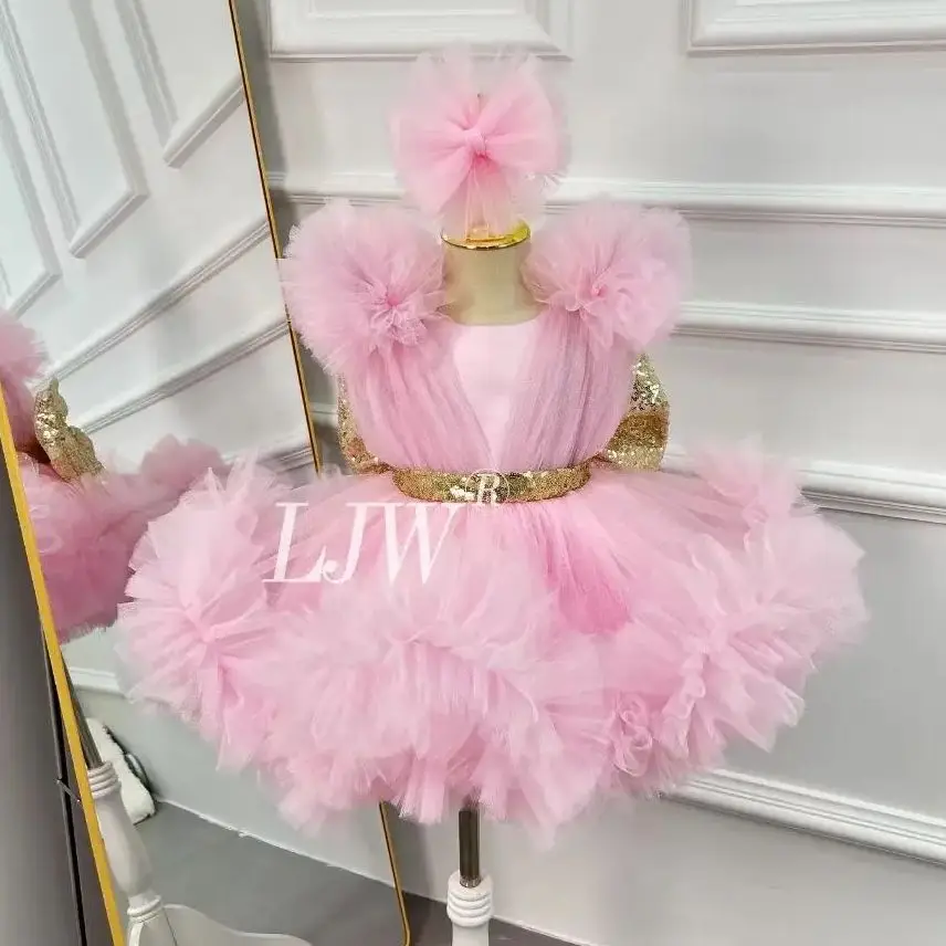 

2025 Hot Pink Flower Girl Dress For Wedding Tulle PuffyChild First Eucharistic Birthday PartyGirls carnival performance clothes