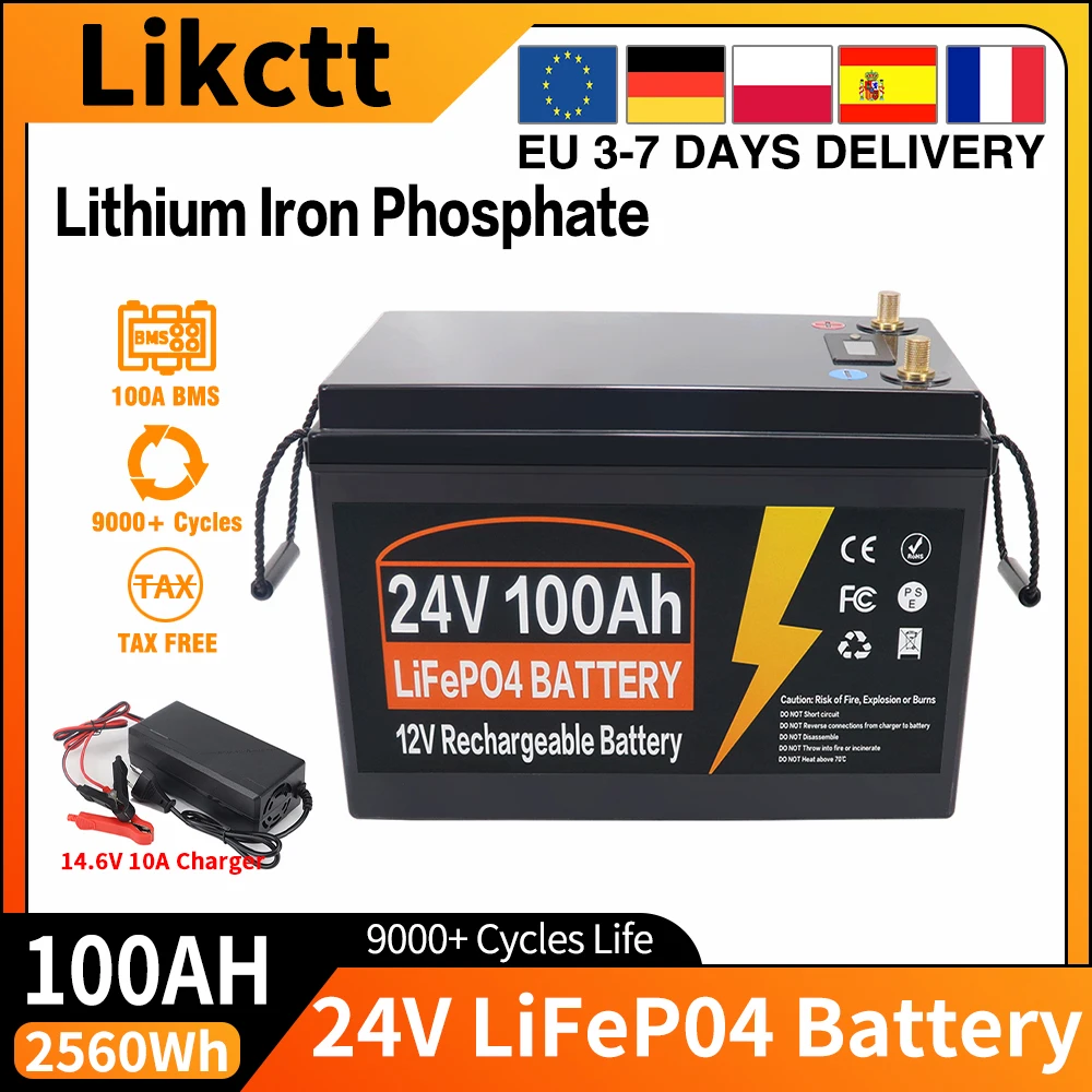 Nieuwe 12V 24V 100Ah 150Ah 200Ah 350Ah LiFePO4 Lithium IJzerfosfaat Batterij, ingebouwde 100A BMS, 9000+ diepe cycli, bescherming tegen lage temperaturen, voor camper, boot, zonne-energie, off-grid,