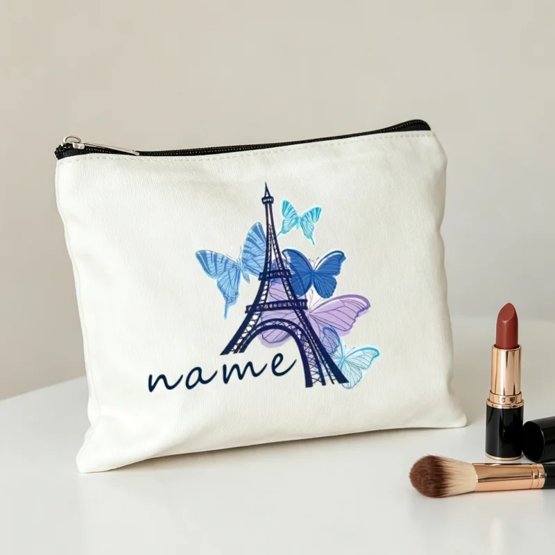 Paris Make Up Bag Custom Eiffel Tower Butterfly Canvas Cosmetic Pouch France Travel Toiletry Bags Gift for Women Makeup Case