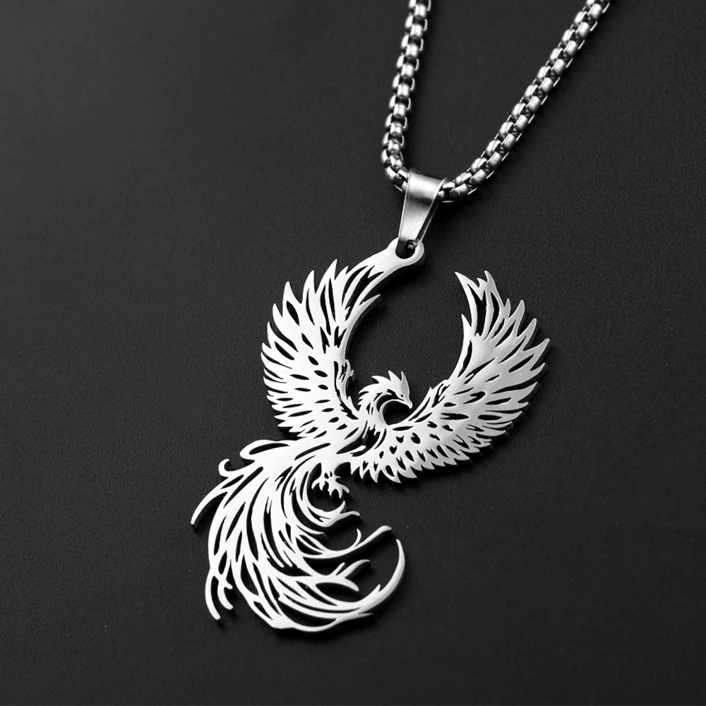 Hollow Rising Phoenix Pendant Necklace for Women Men Gold Silver Color Stainless Steel Rebirth Nirvana Sacred Bird Chain Jewelry