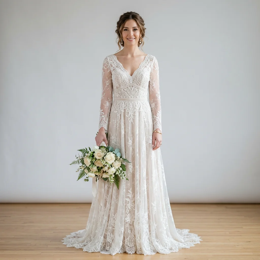 V Neck Long Sleeve Lace A Line Wedding Dress Satin Waistband Lace Hem Chapel Train Bridal Gown