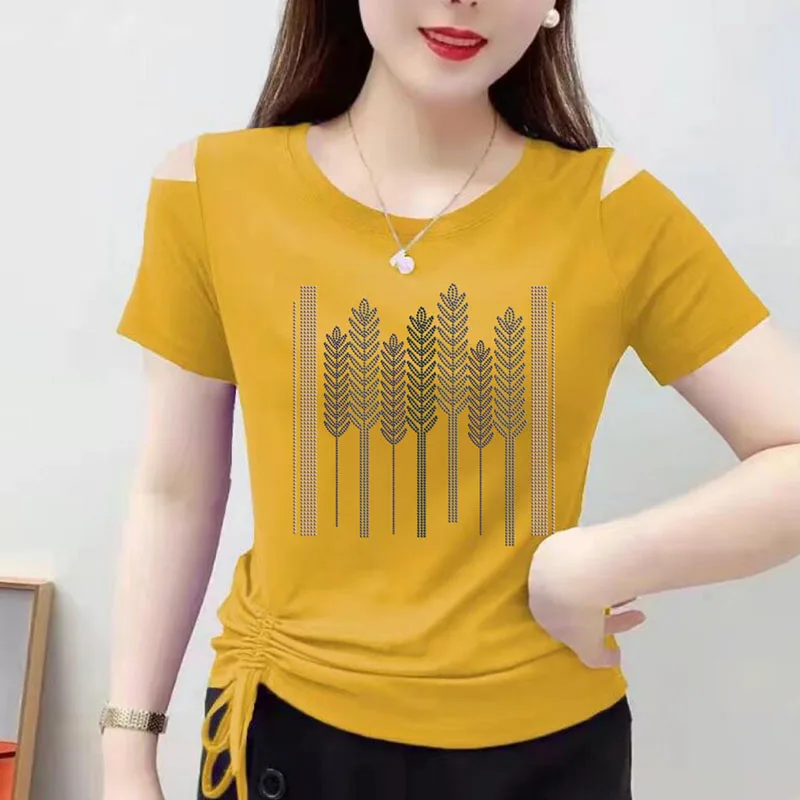 

Fashion Printed Shirring Bandage Off Shoulder T-Shirt Women Clothing 2025 Summer New Loose Commuter Tops Casual Tee Shirt