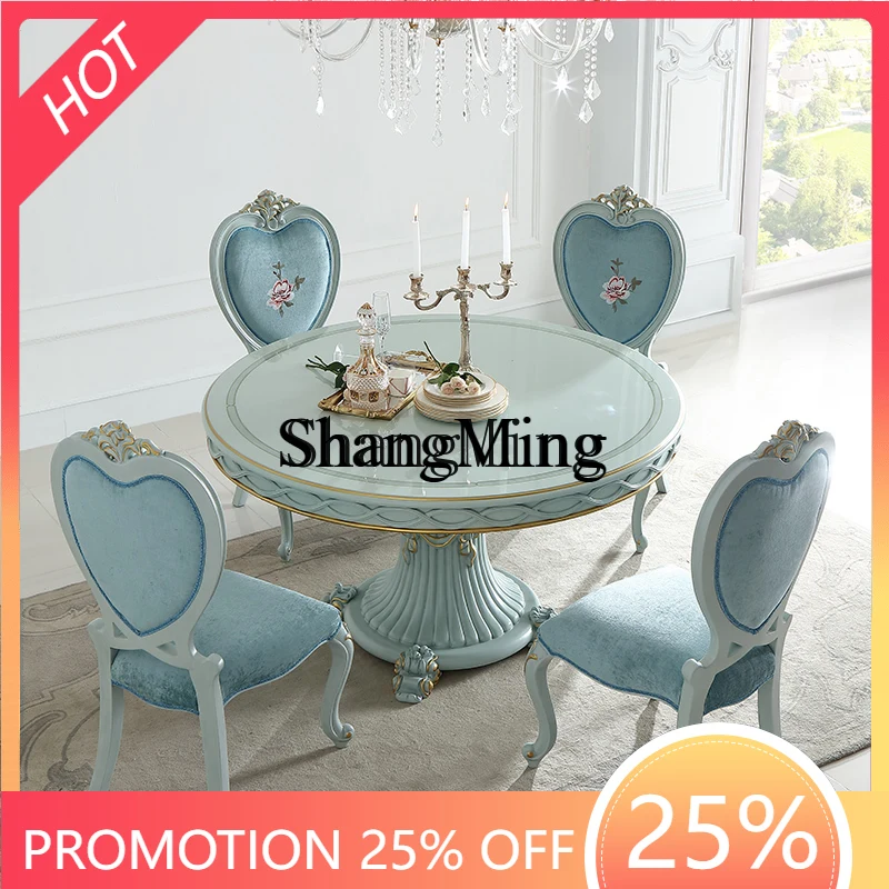 

SM restaurant pastoral round dining table and chair combination small apartment carved high-end all-solid wood table