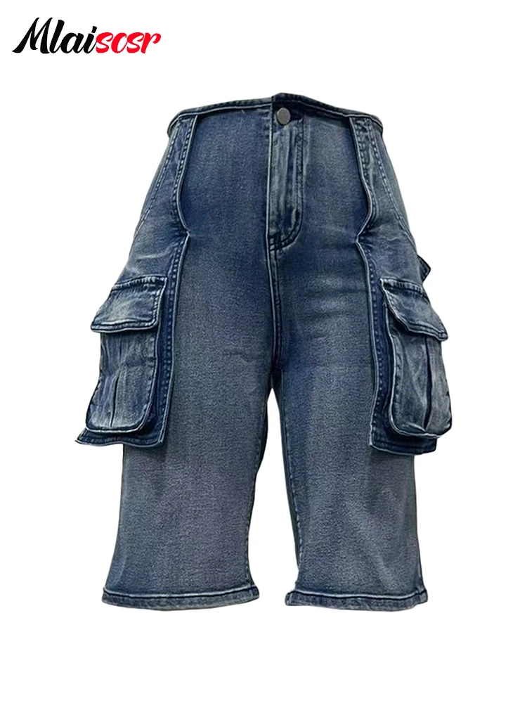 Mlaiscsr Vintage Pocket Cargo Straight Wide Leg Jeans Blue Denim Knee Length Pants Shorts Women Streetwear Trousers Bottoms y2k