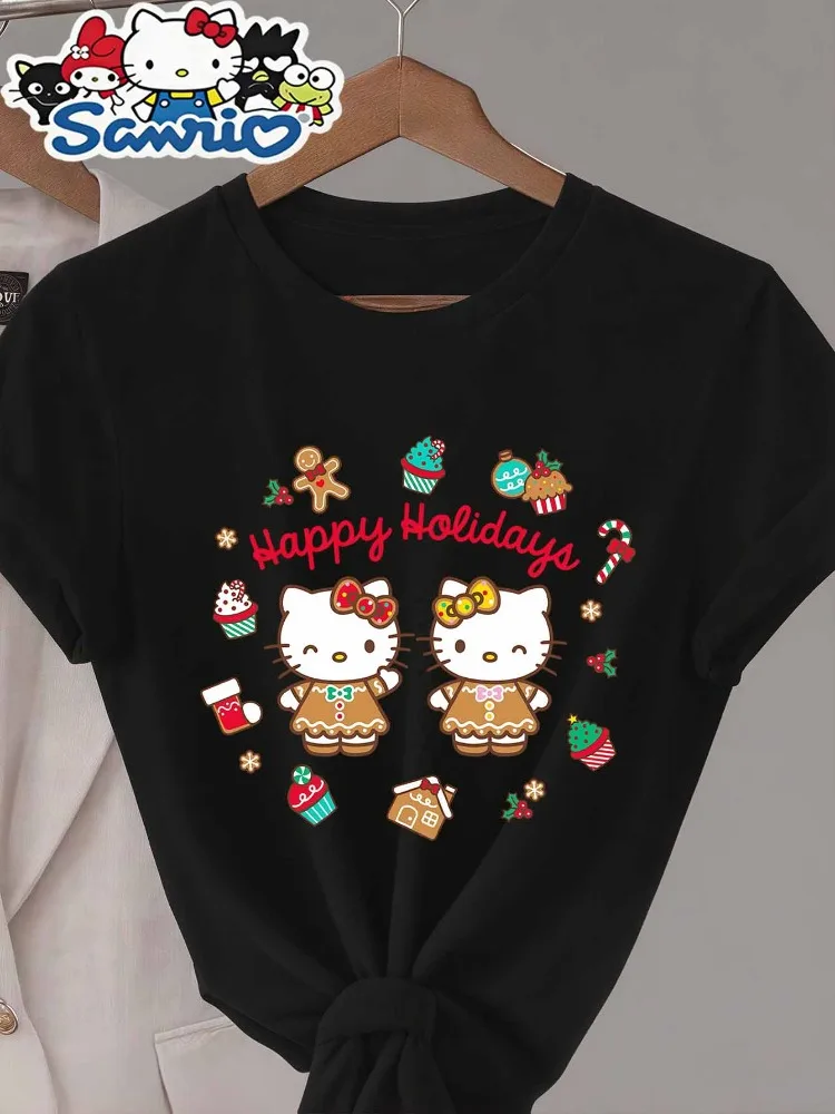サンリオ クリスマス ハローキティ キュート ホリデー テーマ キティ猫プリント レディース エレガント クルーネック 半袖 Tシャツ レタープリント トップス
