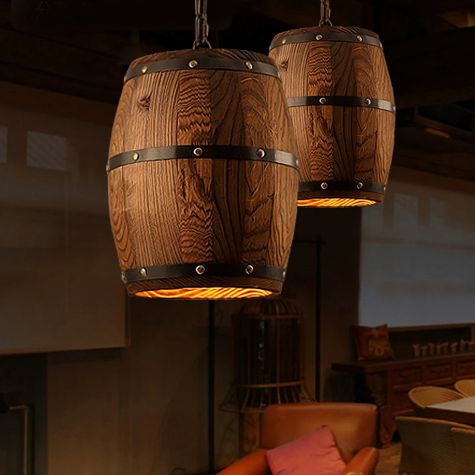 

Country Wooden Barrel Pendant Lights Kitchen Island Lamp Creative E27 Lighting Fixture Art Decoration for Bar Living Room Cafe