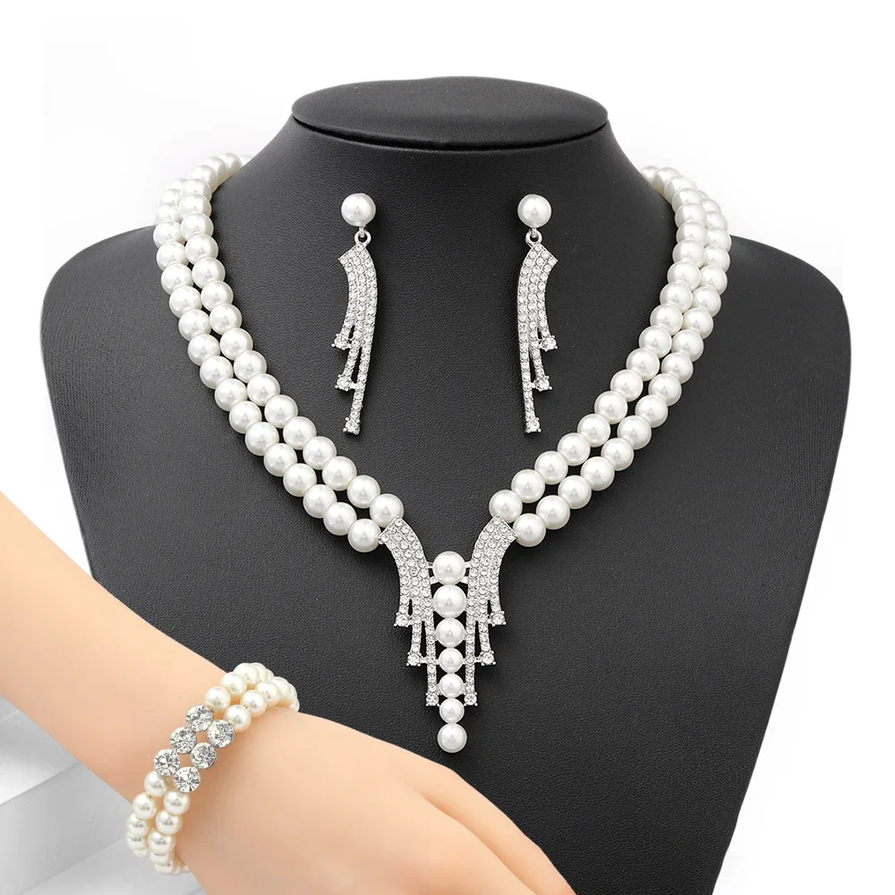 

Double Row Pearl Necklace Earrings Bracelet Set Elegant Jewelry for Women
