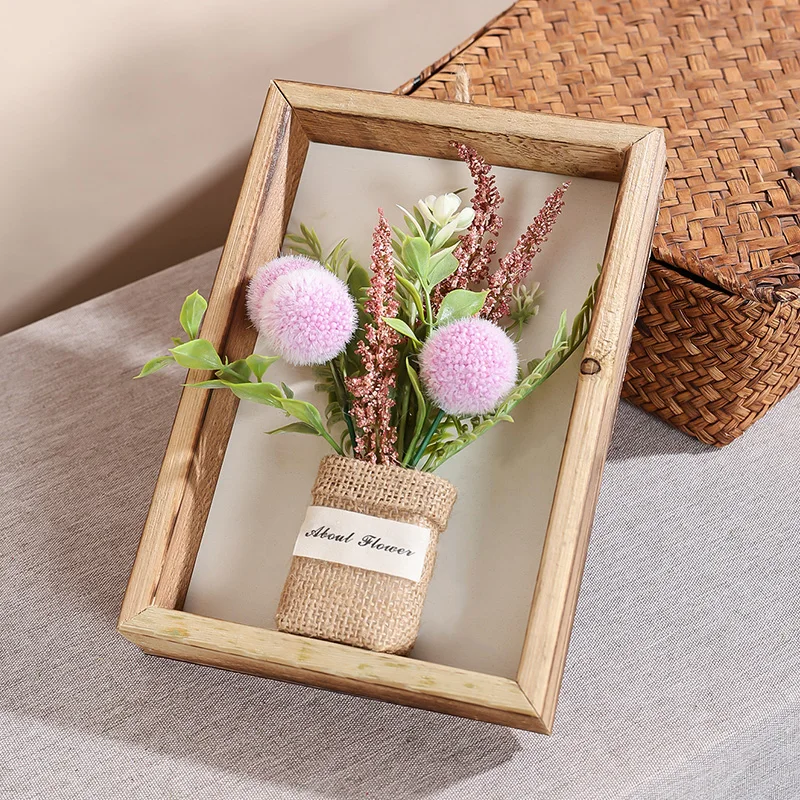 1PC-23CM artificial hairball.Lotus grass picture frame.indoor living room wall hanging decoration simulation flower wood frame