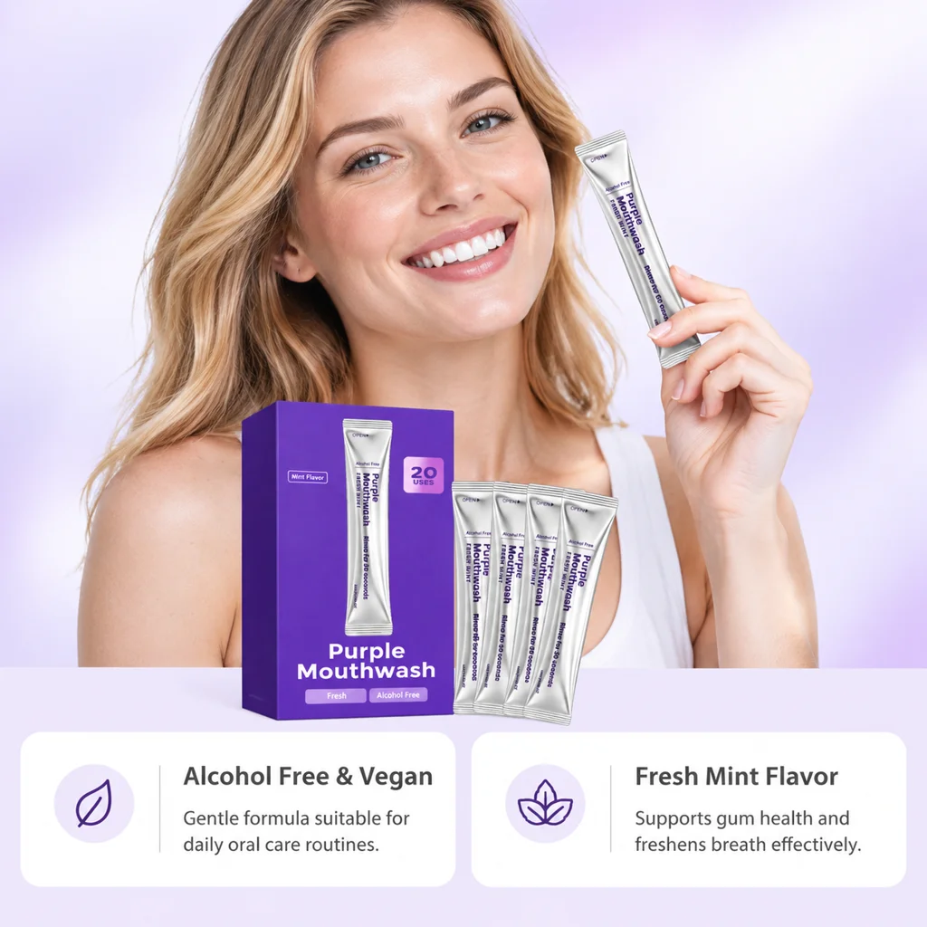 Purple Color Corrector Mouthwash Travel Sachets Alcohol and Peroxide Free Vegan Mint Fresh Breath Portable Oral Care 20pcs
