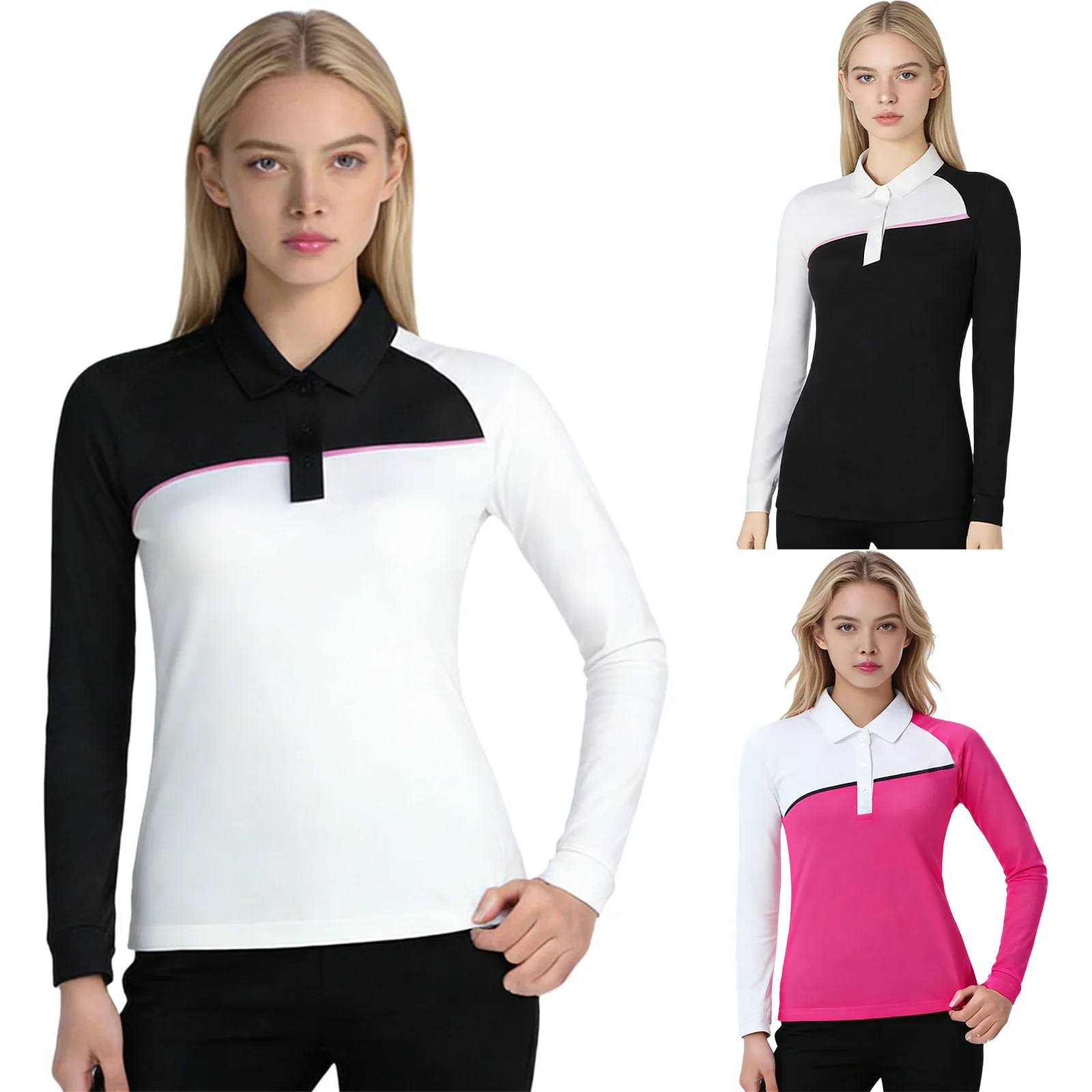 #S-3XL Women Color Block Golf Tops Turn-Down Collar Long Sleeve Quick-Drying Breathable T-Shirt for Golfing Sports Workout