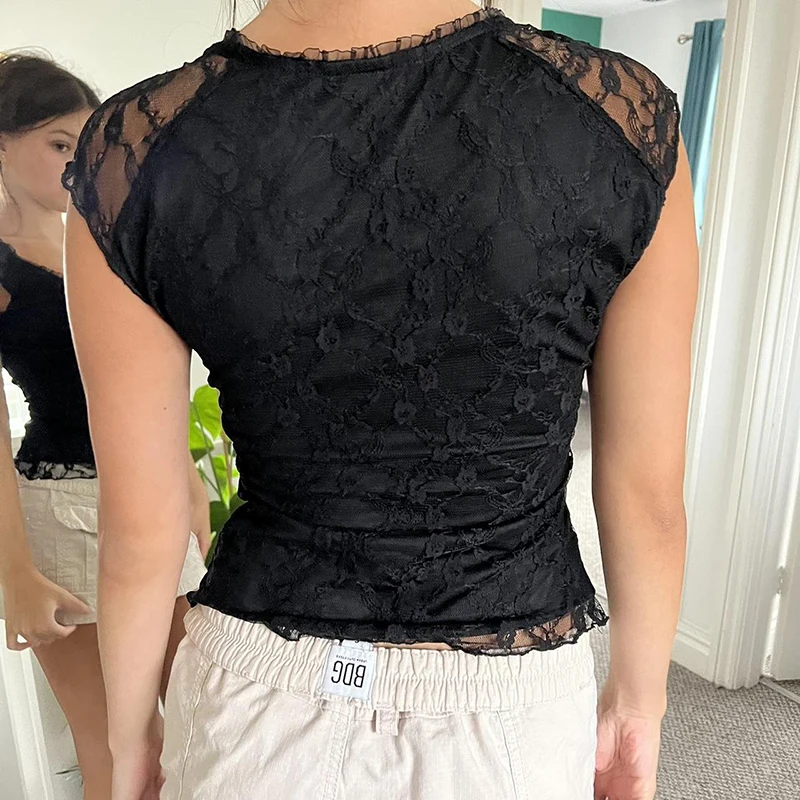 Daraga-T-shirt en dentelle à volants noirs vintage pour femmes, haut mince, esthétique des années 2000, tenues sexy de fête chics, nœud aught-up, Y2K, été, 1300