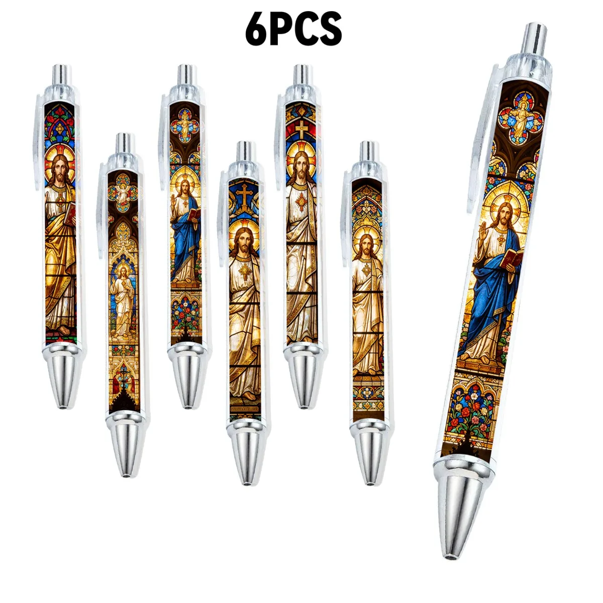 6PCS Christian round Pen with Jesus Image Church Window Design Religious Ballpoint Pen Easter Gift Office Stationery