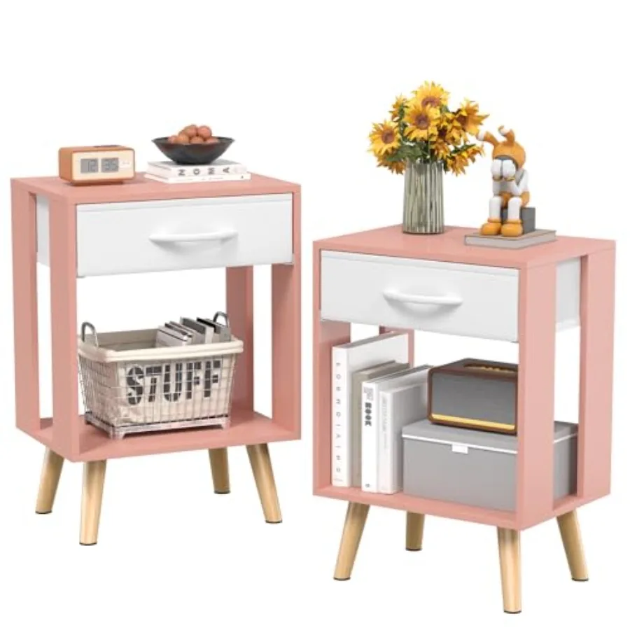 

Прикроватные тумбочки (комплект из 2 шт.) с тканевым выдвижным ящиком и открытой деревянной полкой, розовые, для спальни