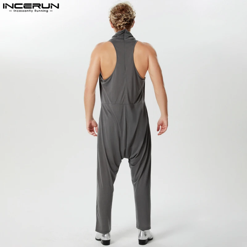 2024 Men Jumpsuits Solid Color Turtleneck Sleeveless Summer Casual Male Rompers Streetwear Zipper Fashion Overalls S-5XL INCERUN