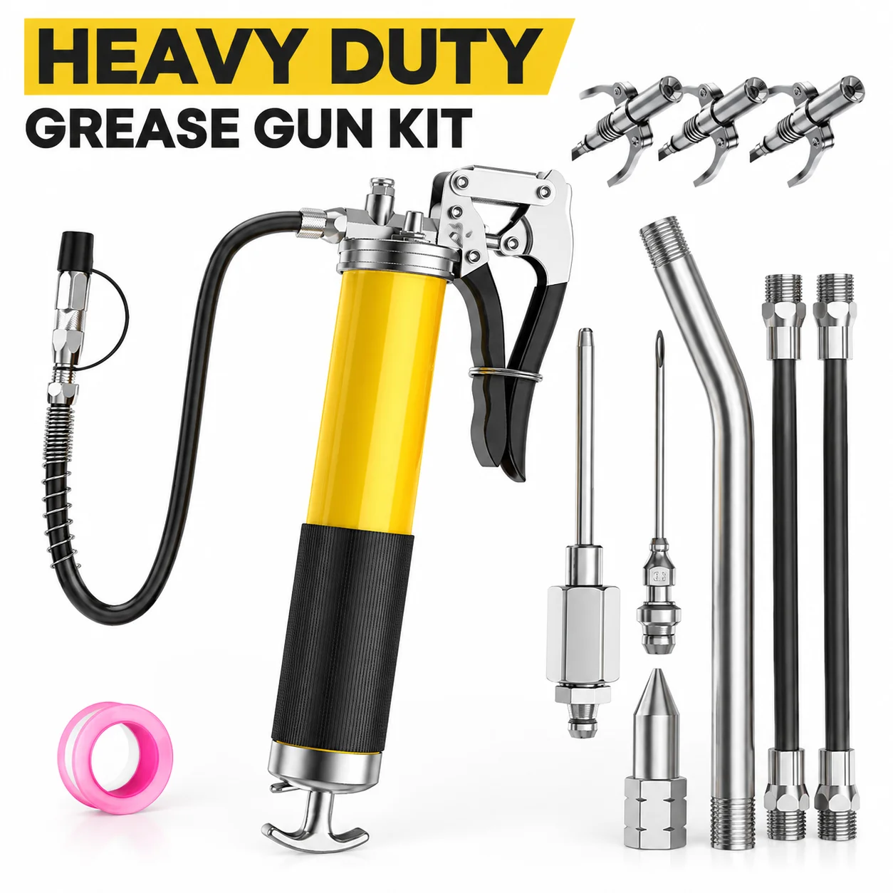 Heavy Duty Grease Gun Kit Pistol Grip Grease Gun Tools with Water Pipe Tape & Locking Fittings for Oil Car Lubrication SUV Truck