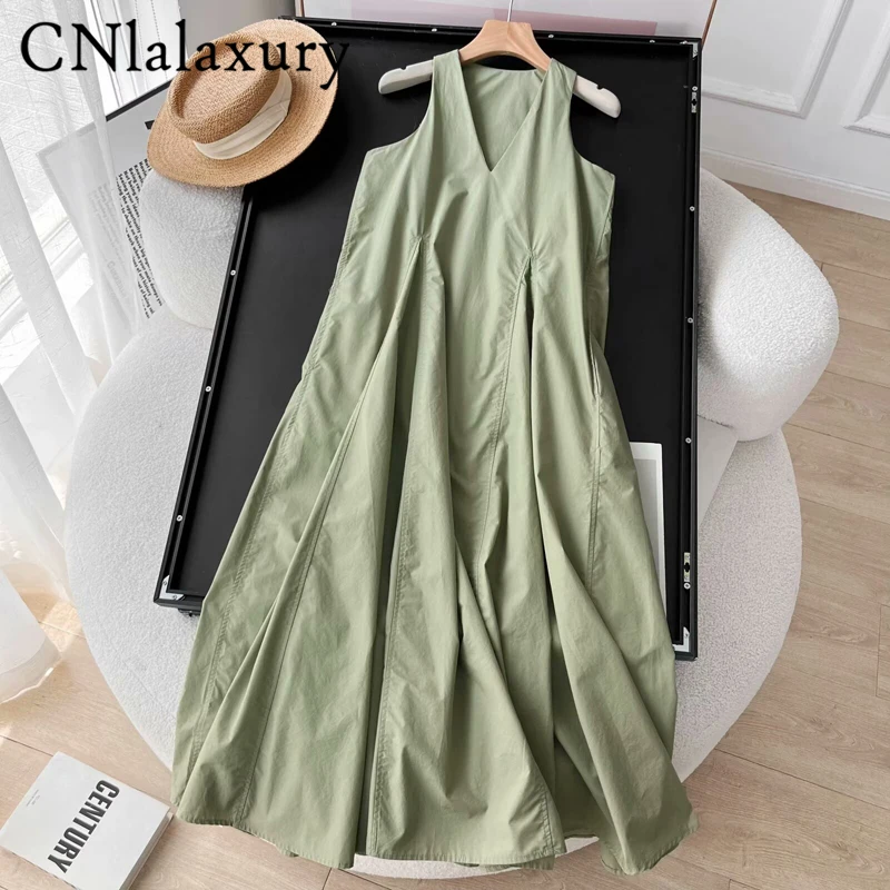 CNlalaxury Women 2024 Summer New Fashion Vests A Casual Party Dress Retro Sleeveless Chic V-neck Long Dress Vestidos Mujer