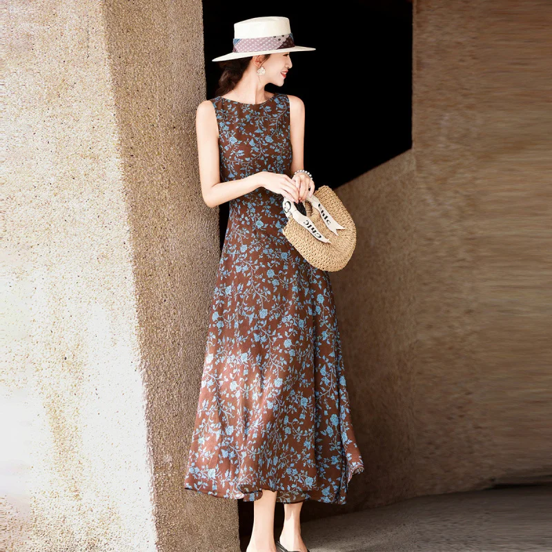 

MEXCOCO Summer Elegant Floral Vine Sleeveless Slim Chiffon Vest A-line Dress