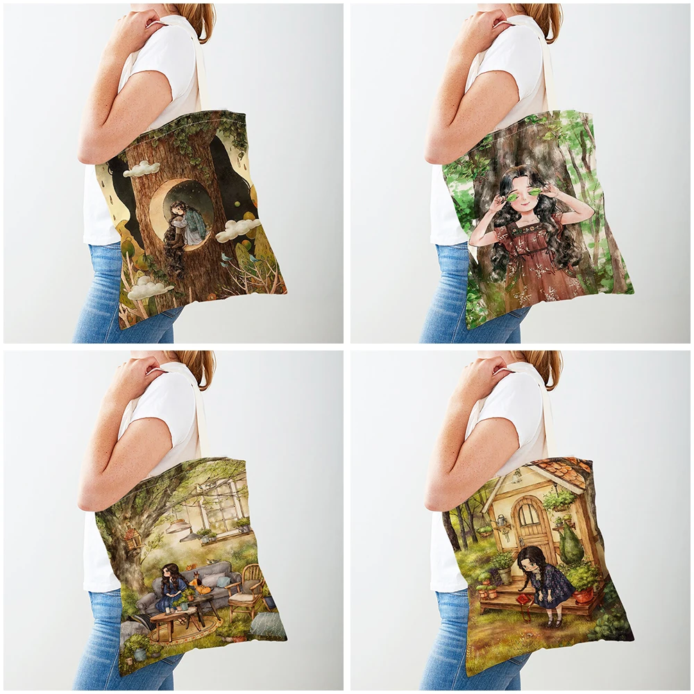 Cute Cartoon Girl Fashion Shopping Shoulder Bag for Women Shopper Bags Double Print Casual Children Canvas Tote Travel Handbag