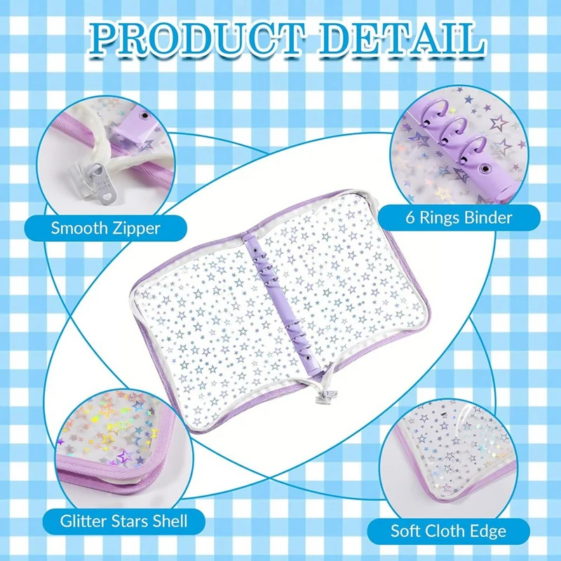 A5 Budget Binder Cover With Zipper, Glitter Stars A5 6 Ring Binder Planner, Clear PVC Refillable Notebook Shell-AT93