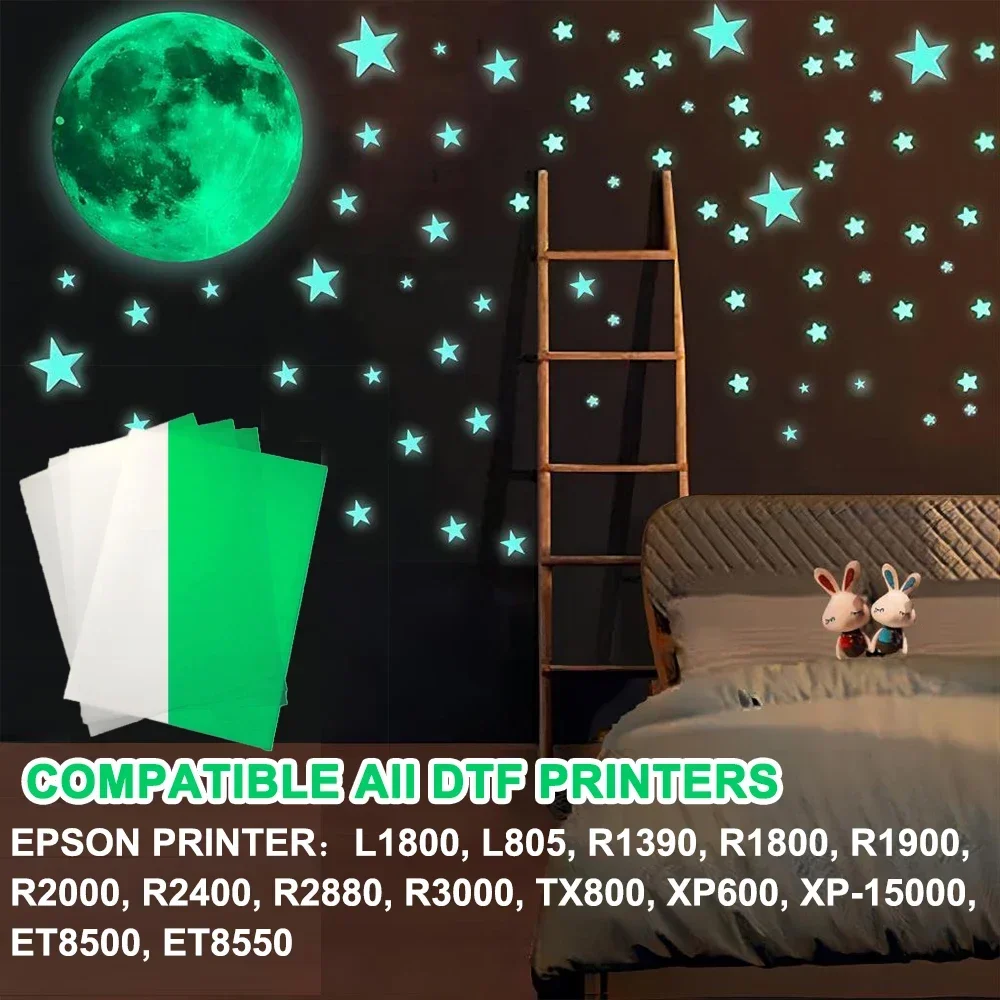 

DTF Luminous Film Fluorescent Film Glow in The Dark Printable Heat Transfer Vinyl for DTF Printer Transfers for Fabric T-shirt