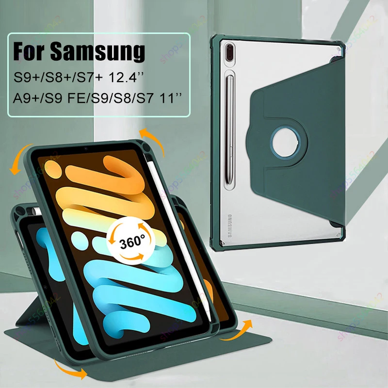 

For Samsung Galaxy Tab S9 S8 S7 Plus FE 12.4'' Case 360° Rotation Transparent Back Cover For A9 Plus S9 11'' S Pen Holder Funda