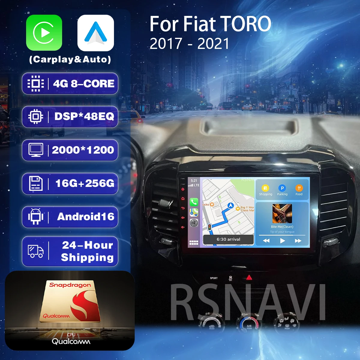 Rádio Automotivo Android 16 Carplay Auto com Bluetooth Multimídia Plug and Play para FIAT Toro 2017 - 2020, Auto Estéreo BT 2 DIN.