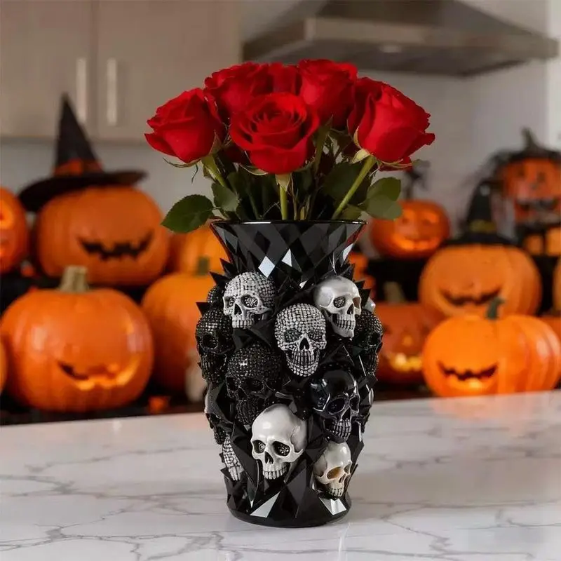 Gothic Resin Skull Vase Ornament, Skeleton Head Flower Vase Holder for Fresh & Dried Flowers, Dark Horror Style Halloween Table