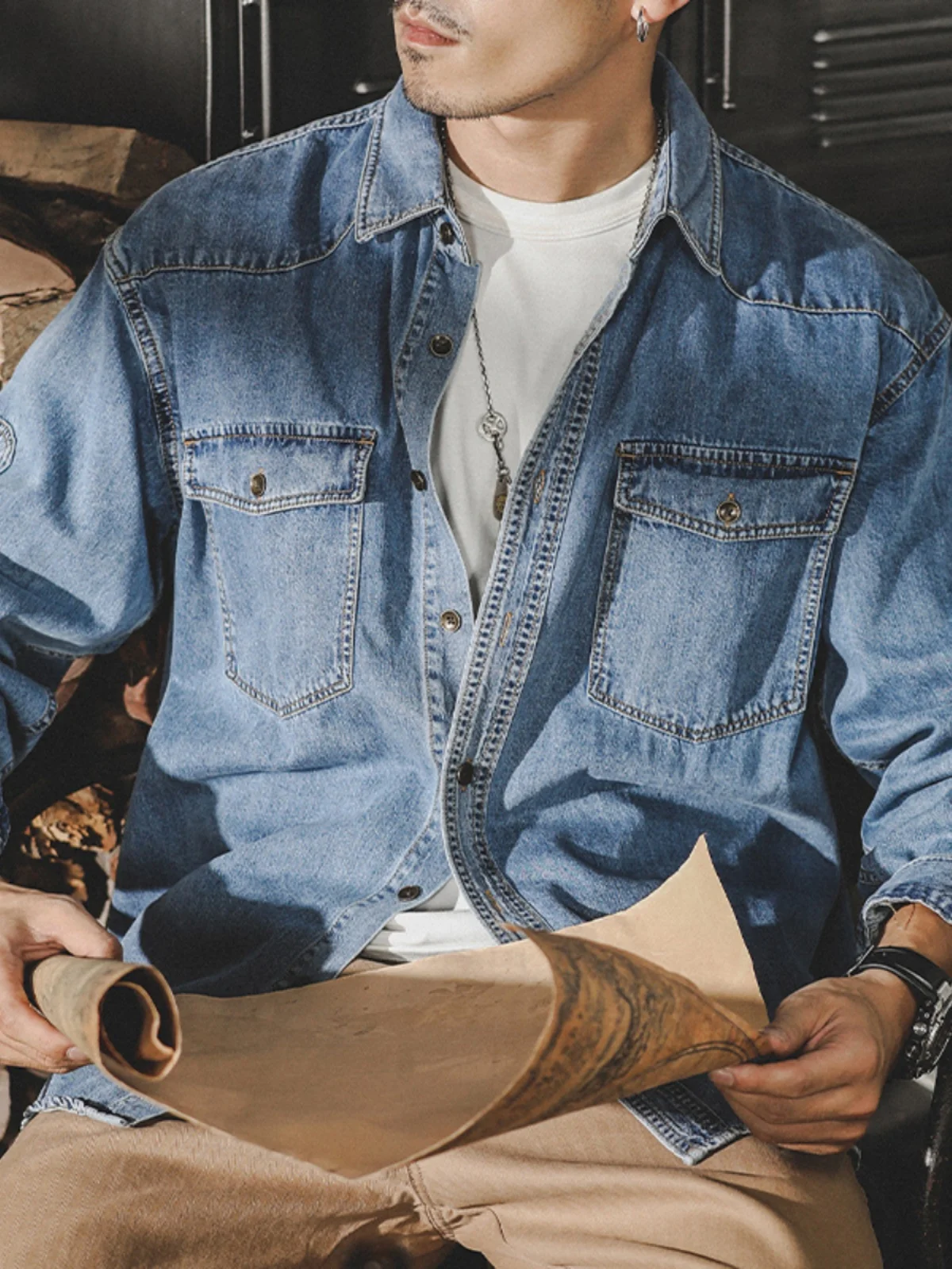 American Sle Vintage Workwear Denim irt Men's Long Sve Spring Autumn New Trend Casual irt Jaet for Youth Daily Wear