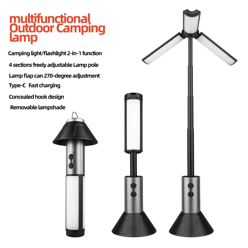 Cross-border Multi-functional Retractable Bracket Camping Bib Lamp 270 ° Adjustment Lighting Zoom Flashlight Two-in-one Outdoor