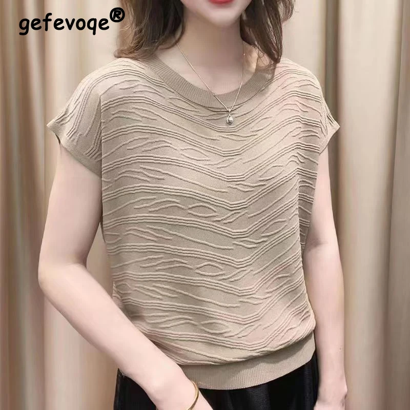 Women's Clothing Summer Fashion Elegant Solid 3D Wave Ice Silk Knitted T-shirts Simple Casual Short Sleeve Loose Pullover Tops