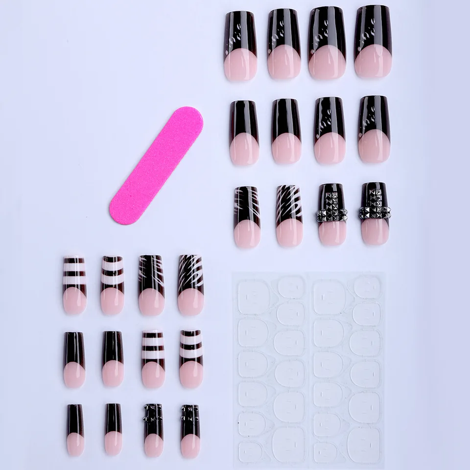 24 Uñas Postizas Estilo Gótico Punk con Impresión de Rayas Blancas y Negras, Forma Ataúd, Francesas Europeas 3