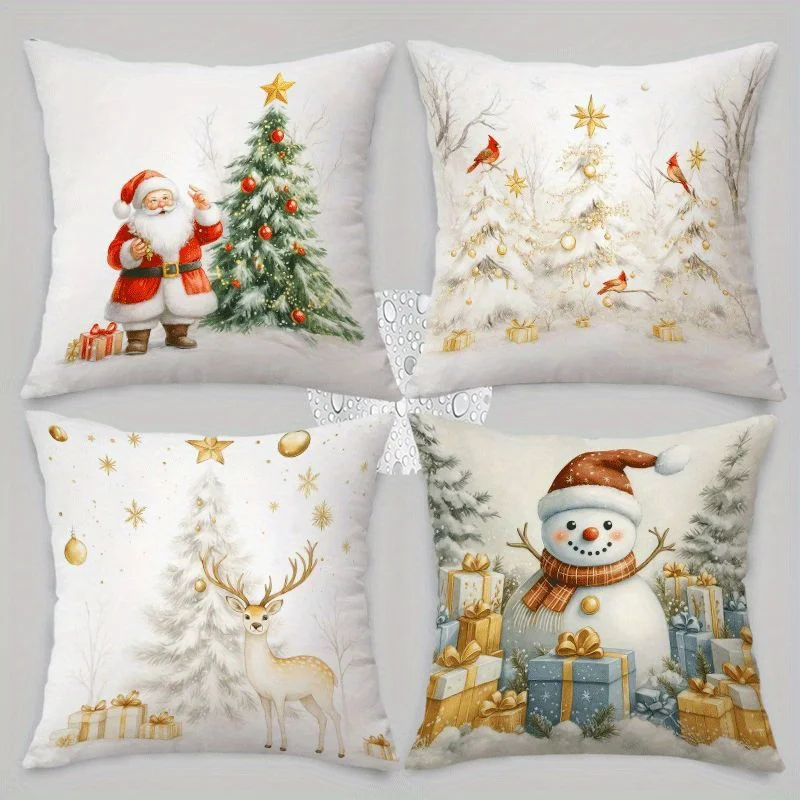 4pcs White Christmas Pillow Covers – No Insert, Festive & Stylish Holiday Decor for Sofa and Bedroom